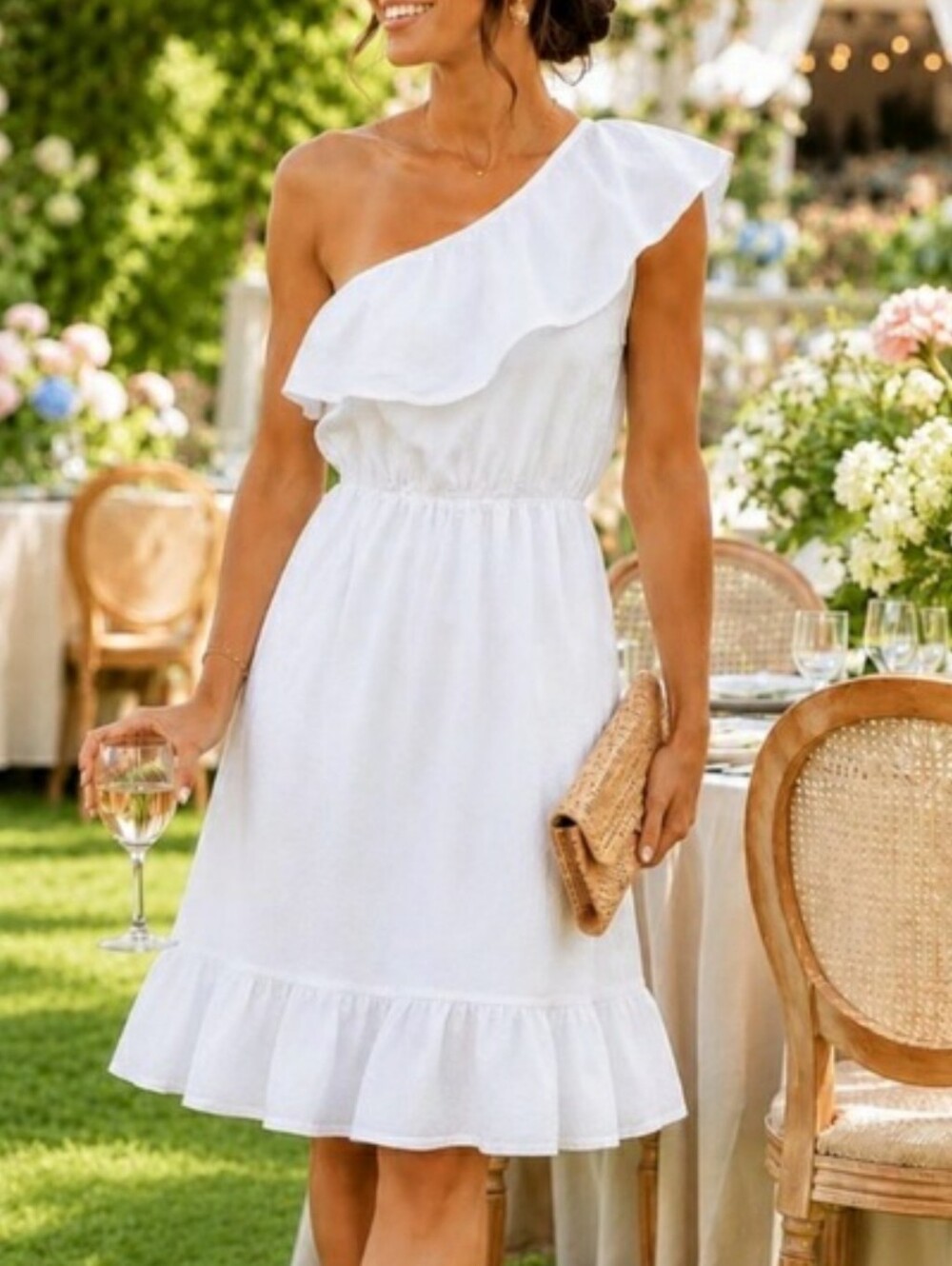 Valentina Naldi White Linen One Shoulder Ruffle Dress